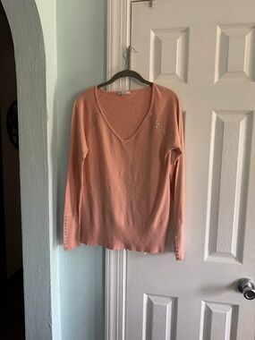 V-Neck Long Sleeve Womens Top with Stud Detail - Peach